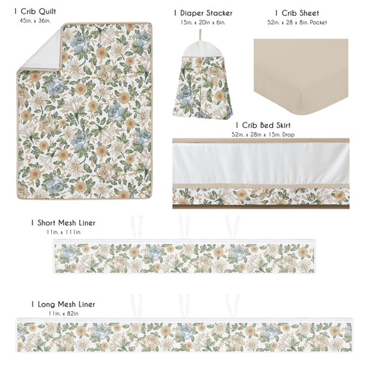 Vintage Floral Blue and Yellow Collection Sweet Jojo Designs 6 Piece Crib Bedding + BreathableBaby Breathable Mesh Liner