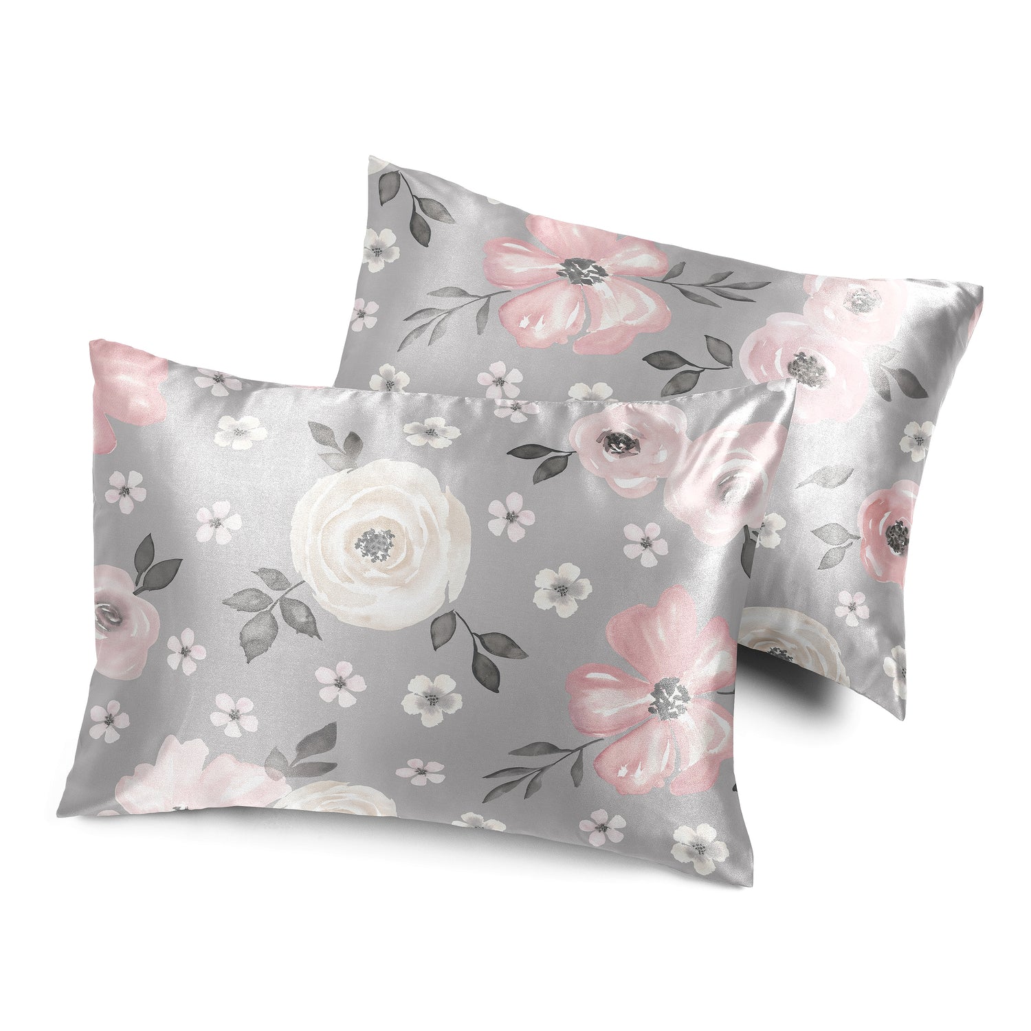 Watercolor Floral Grey Collection Decorative Satin Pillowcases - 2 Pack Set