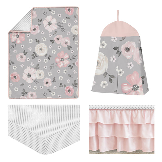 Watercolor Floral Grey Collection 4 Piece Crib Bedding