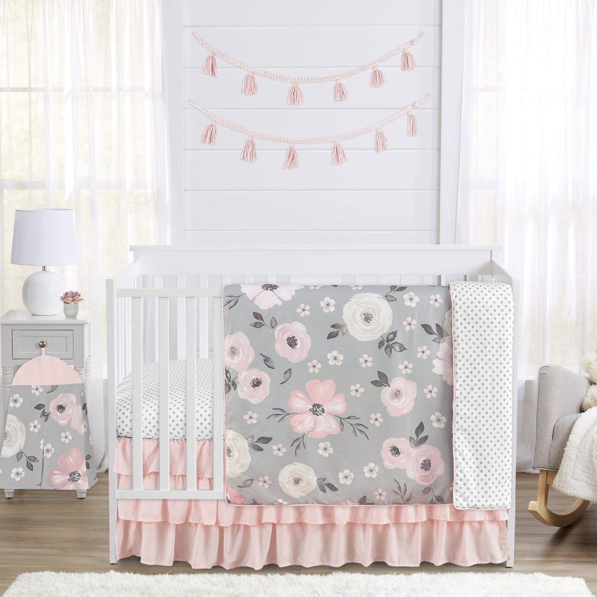 Watercolor Floral Grey Collection 4 Piece Crib Bedding
