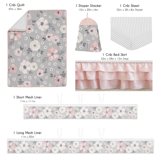 Watercolor Floral Grey Collection Sweet Jojo Designs 6 Piece Crib Bedding + BreathableBaby Breathable Mesh Liner