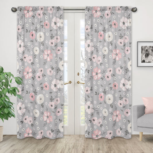 Watercolor Floral Grey Collection Window Panels - Set of 2