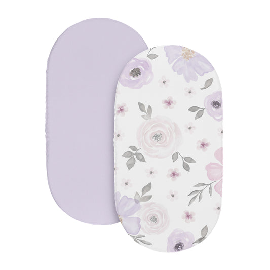 Watercolor Floral Lavender and Grey Collection 2 Pack Baby Bassinet Fitted Sheets