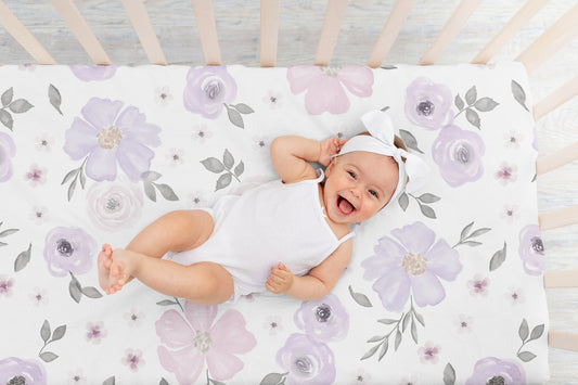 Watercolor Floral Lavender and Grey Collection 2 Pack Crib Sheets