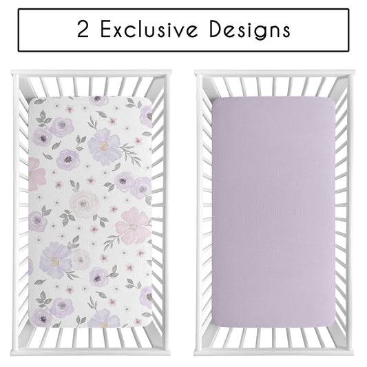 Watercolor Floral Lavender and Grey Collection 100% Cotton Muslin 2 Pack Crib Sheets