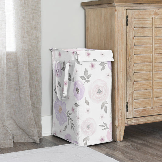 Watercolor Floral Lavender And Grey Collection Laundry Hamper with Handles