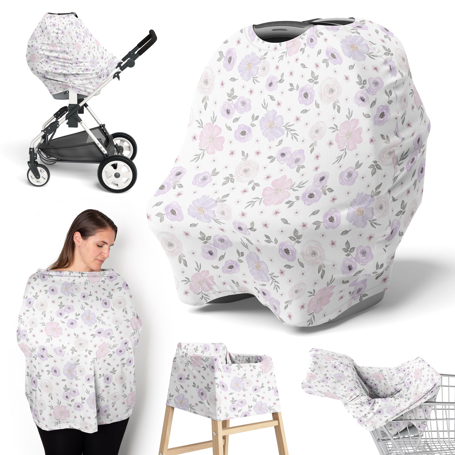 Watercolor Floral Lavender and Grey Collection Multi Use Baby Car Seat and Nursing Cover
