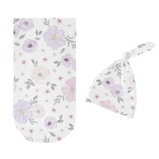 Watercolor Floral Lavender Purple And Grey Collection Baby Cocoon and Beanie Hat - 2 Piece Set