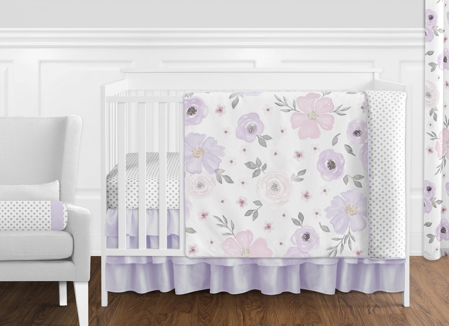 Watercolor Floral Lavender and Grey Collection 11 Piece Bumperless Crib Bedding