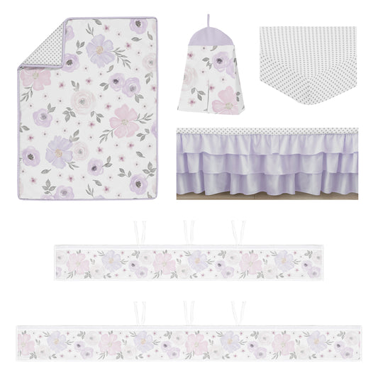 Watercolor Floral Lavender and Grey Collection Sweet Jojo Designs 6 Piece Crib Bedding + BreathableBaby Breathable Mesh Liner