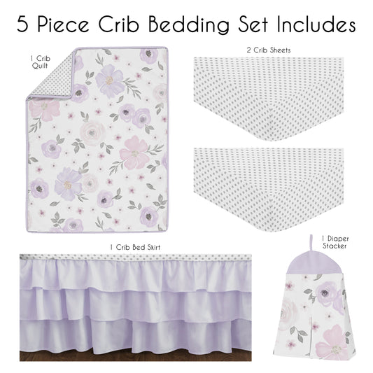 Watercolor Floral Lavender and Grey Collection 5 Piece Crib Bedding