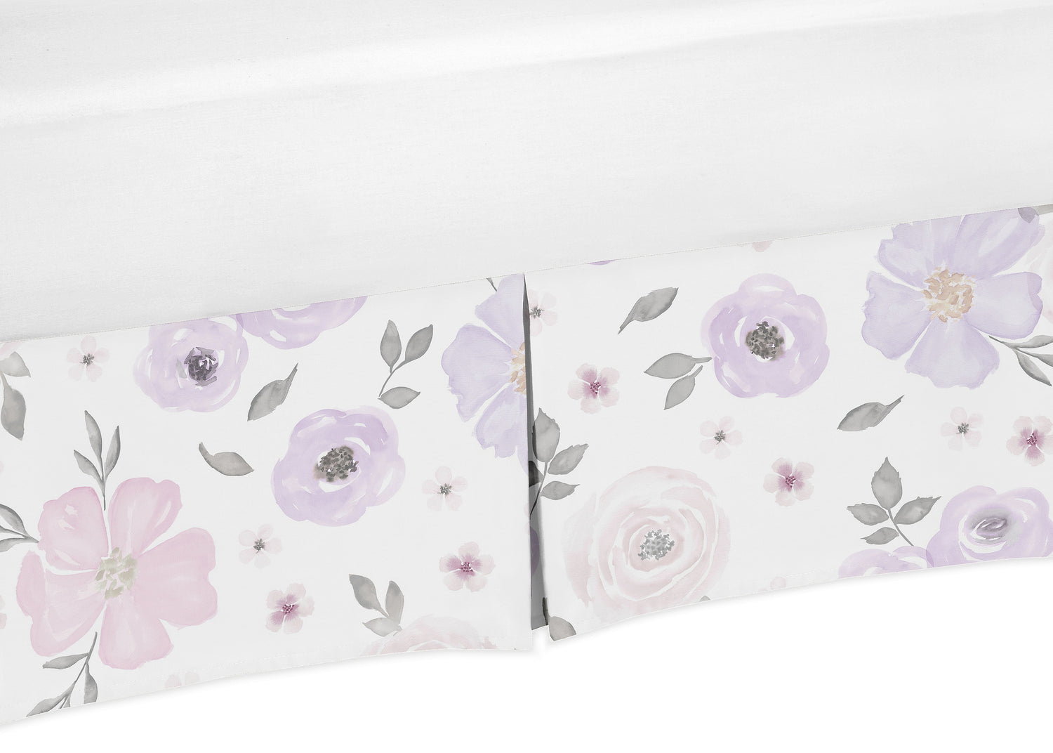 Watercolor Floral Lavender and Grey Collection Crib Bed Skirt