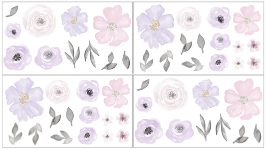 Watercolor Floral Lavender and Grey Collection Peel and Stick Wall Decal Stickers - Set of 4 Sheets