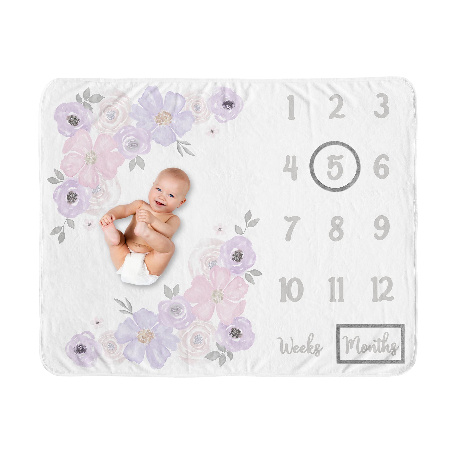 Watercolor Floral Lavender And Grey Monthly Milestone Baby Blanket