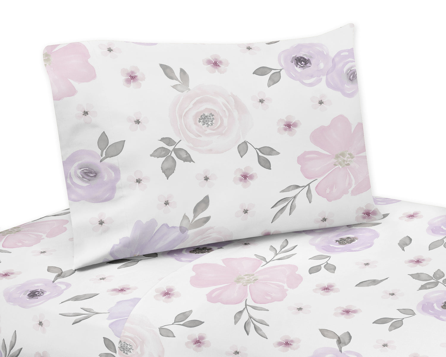 Watercolor Floral Lavender and Grey Collection Queen Sheet Set