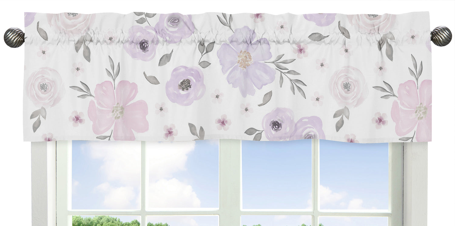Watercolor Floral Lavender and Grey Collection Window Valance