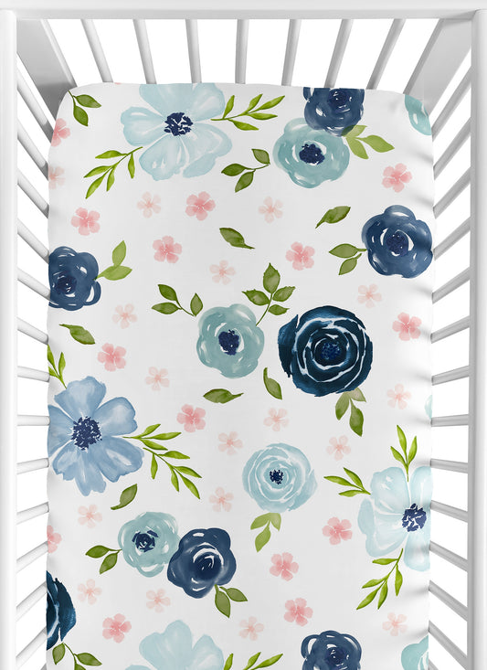 Watercolor Floral Navy Blue And Pink Collection 2 Pack Crib Sheets
