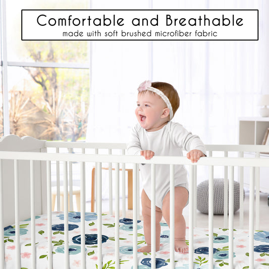 Watercolor Floral Navy Blue and Pink Collection Crib Sheet