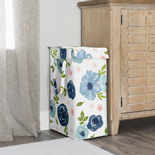 Watercolor Floral Navy Blue And Pink Collection Laundry Hamper with Handles