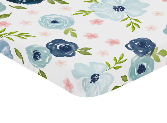 Watercolor Floral Navy Blue And Pink Collection Mini Crib Sheet