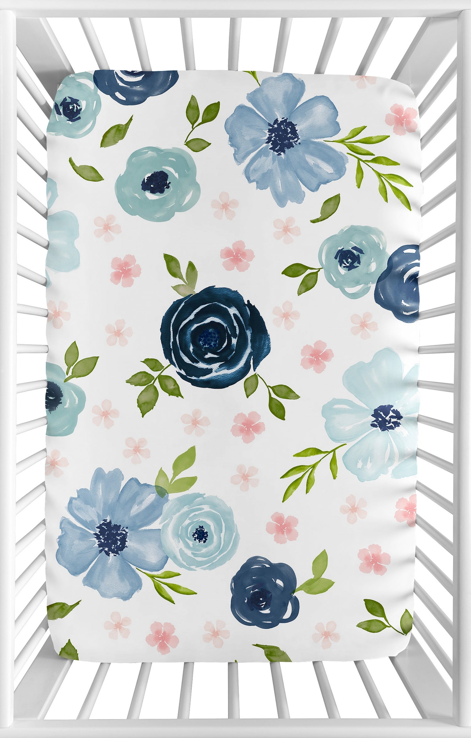Watercolor Floral Navy Blue And Pink Collection Mini Crib Sheet