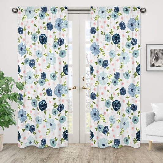 Watercolor Floral Navy Blue and Pink Collection Window Panels - Set of 2