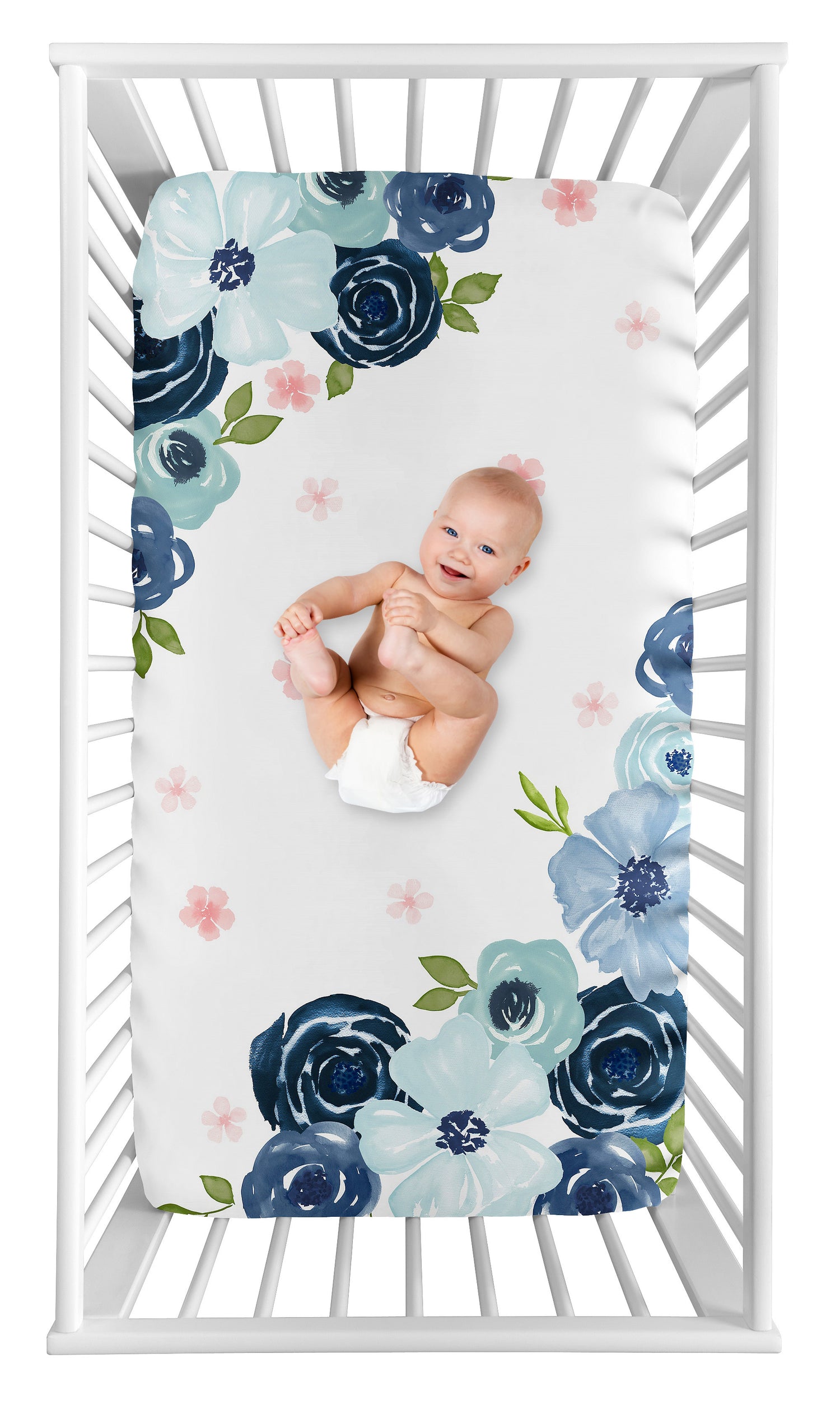 Watercolor Floral Navy Blue And Pink Collection Photo Op Crib Sheet