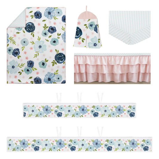 Watercolor Floral Navy Blue And Pink Collection Sweet Jojo Designs 6 Piece Crib Bedding + BreathableBaby Breathable Mesh Liner