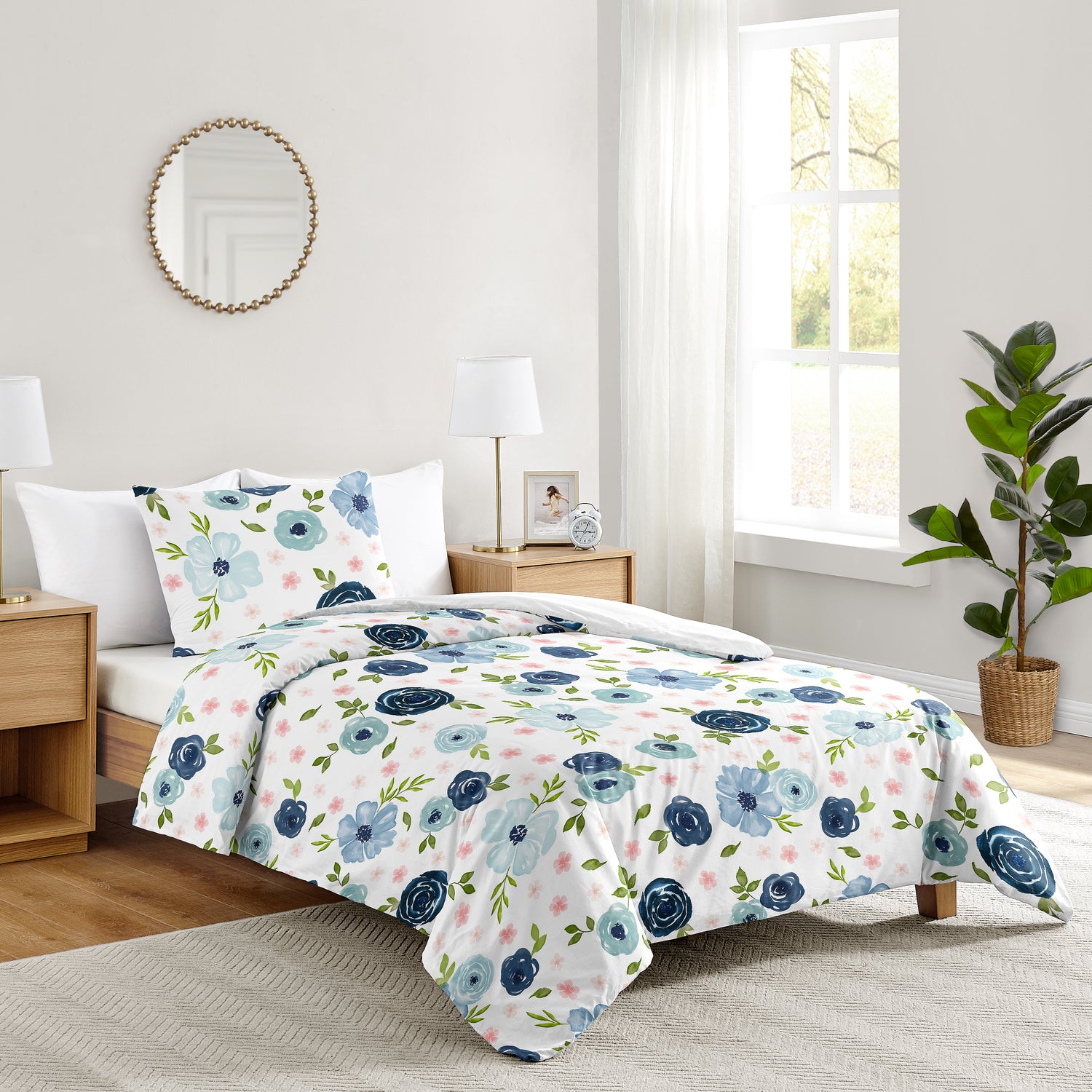 Watercolor Floral Navy Blue and Pink Collection Twin Bedding