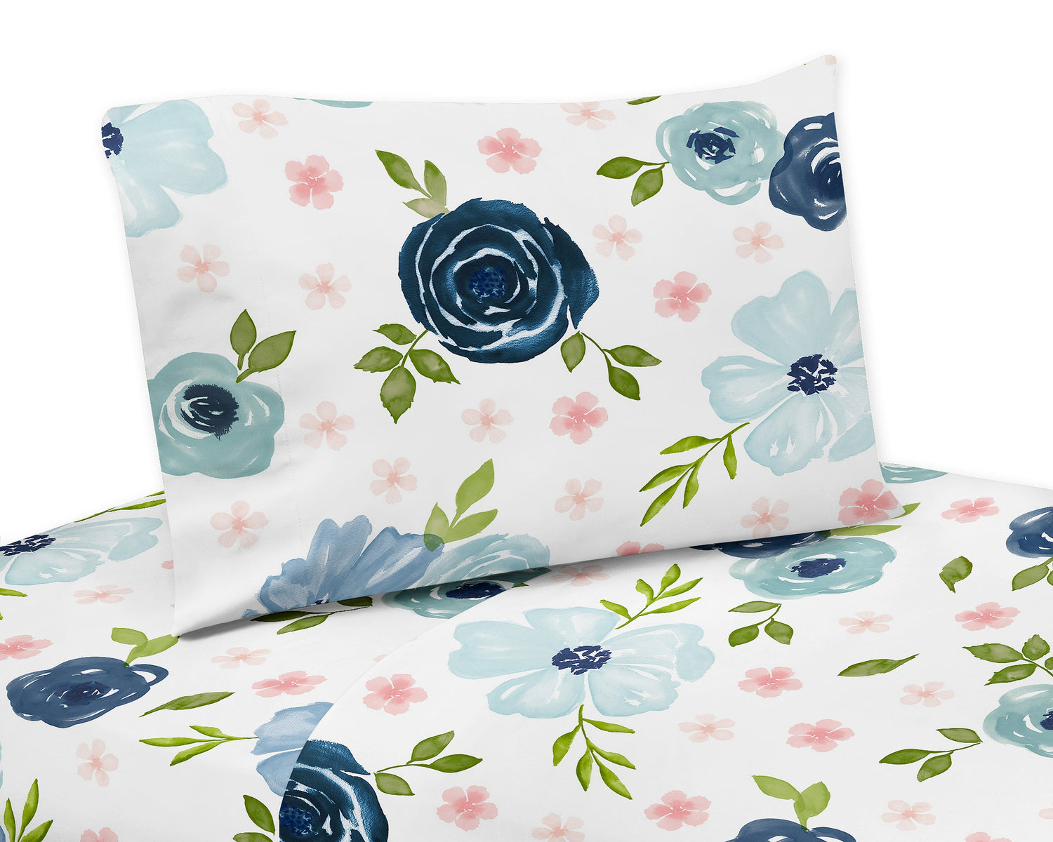 Watercolor Floral Navy Blue And Pink Collection Twin Sheet Set