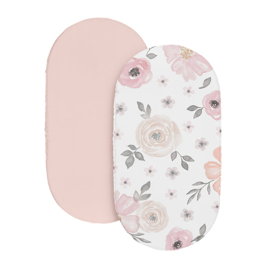 Watercolor Floral Pink and Grey Collection 2 Pack Baby Bassinet Fitted Sheets