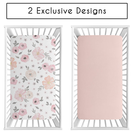 Watercolor Floral Pink and Grey Collection 100% Cotton Muslin 2 Pack Crib Sheets