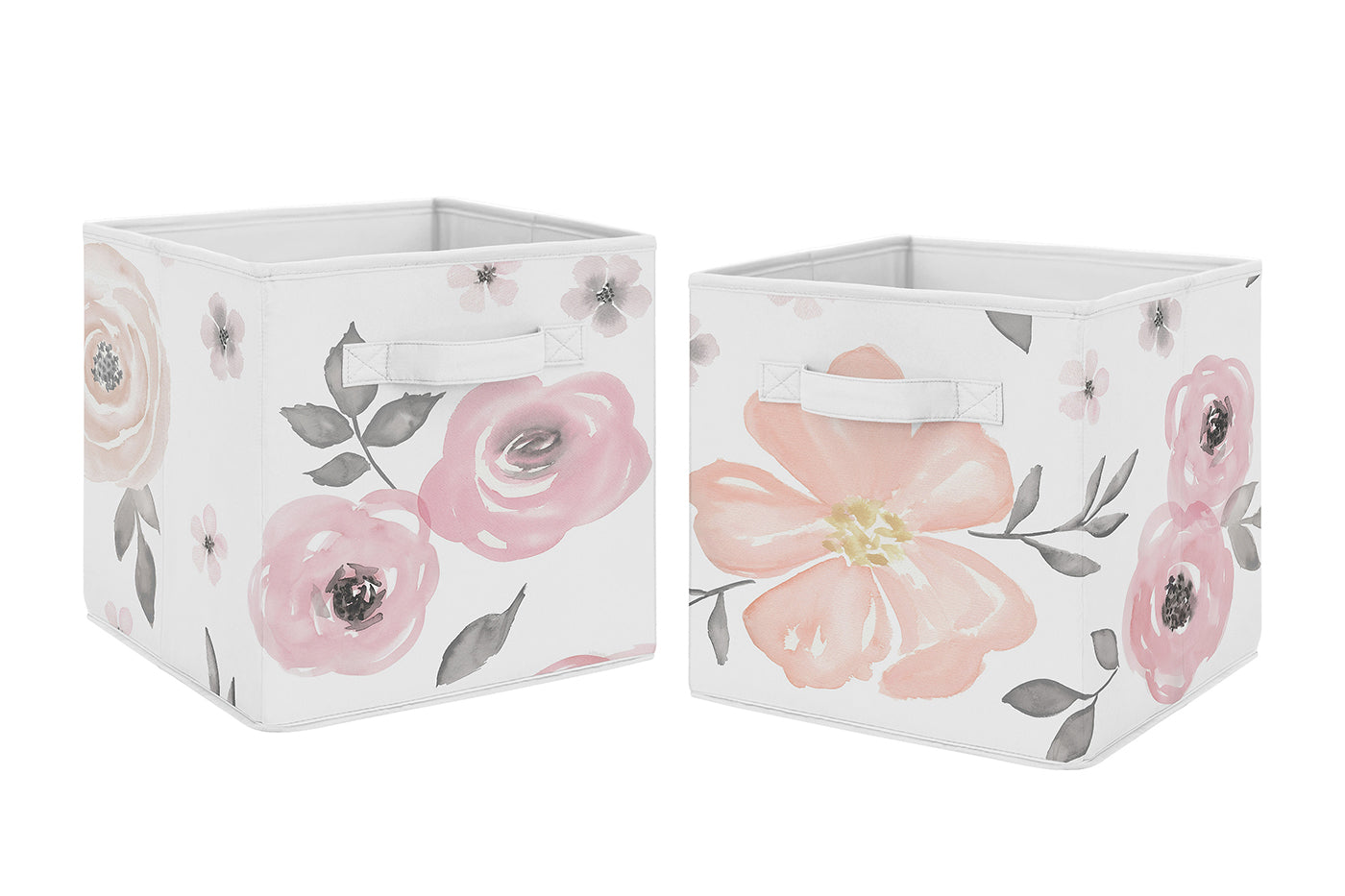 Watercolor Floral Pink and Grey Collection Foldable Fabric Storage Bins - Set of 2
