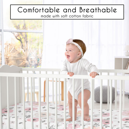 Watercolor Floral Pink and Grey Collection Cotton Crib Sheet - 100% Cotton