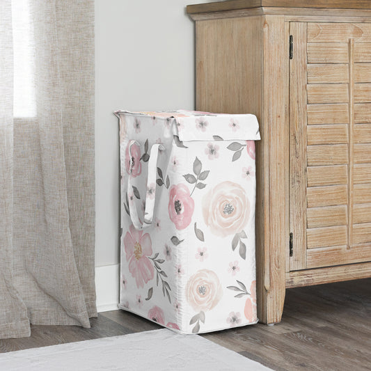 Watercolor Floral Pink And Grey Collection Laundry Hamper with Handles