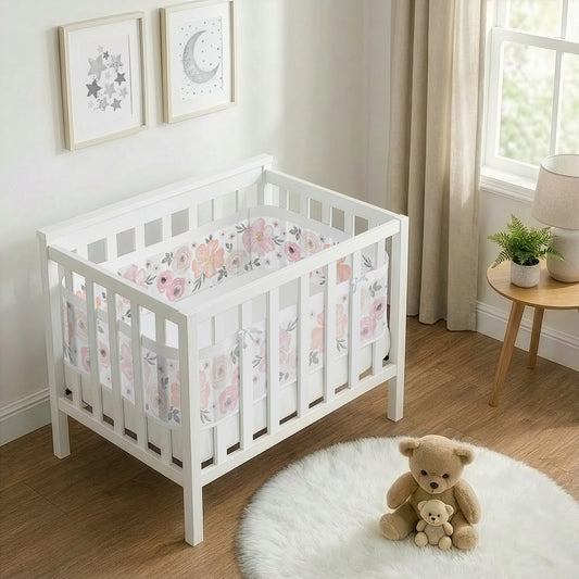 Watercolor Floral Pink and Grey Collection Sweet Jojo Designs + BreathableBaby Breathable Mini Mesh Crib Liner Anti Bumper Pad