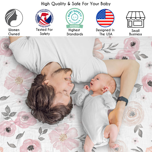 Watercolor Floral Pink and Grey Collection 100% Cotton Muslin Baby Swaddle Receiving Blanket