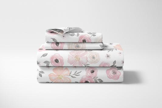 Watercolor Floral Pink and Grey Collection Queen Sheet Set