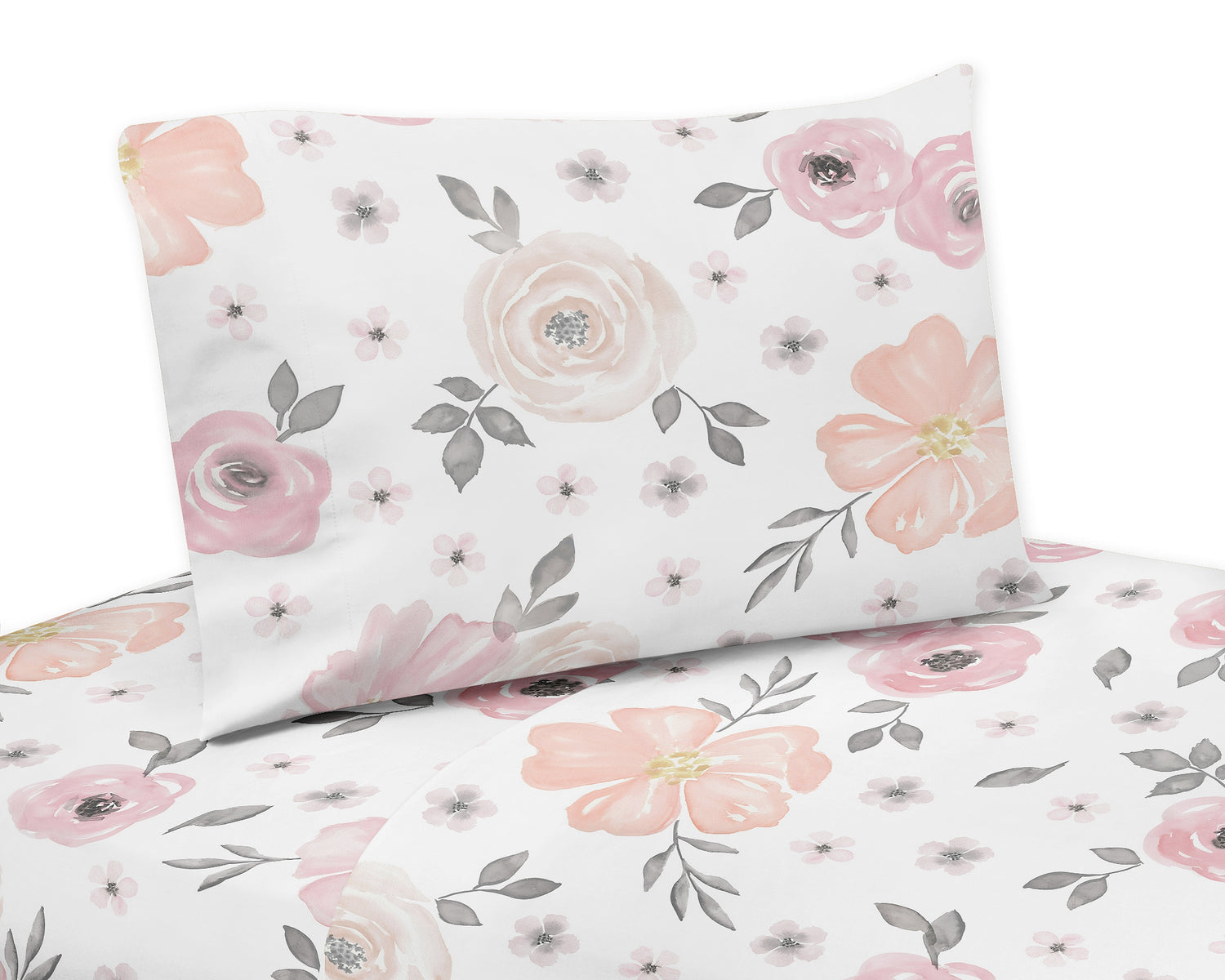 Watercolor Floral Pink and Grey Collection Queen Sheet Set