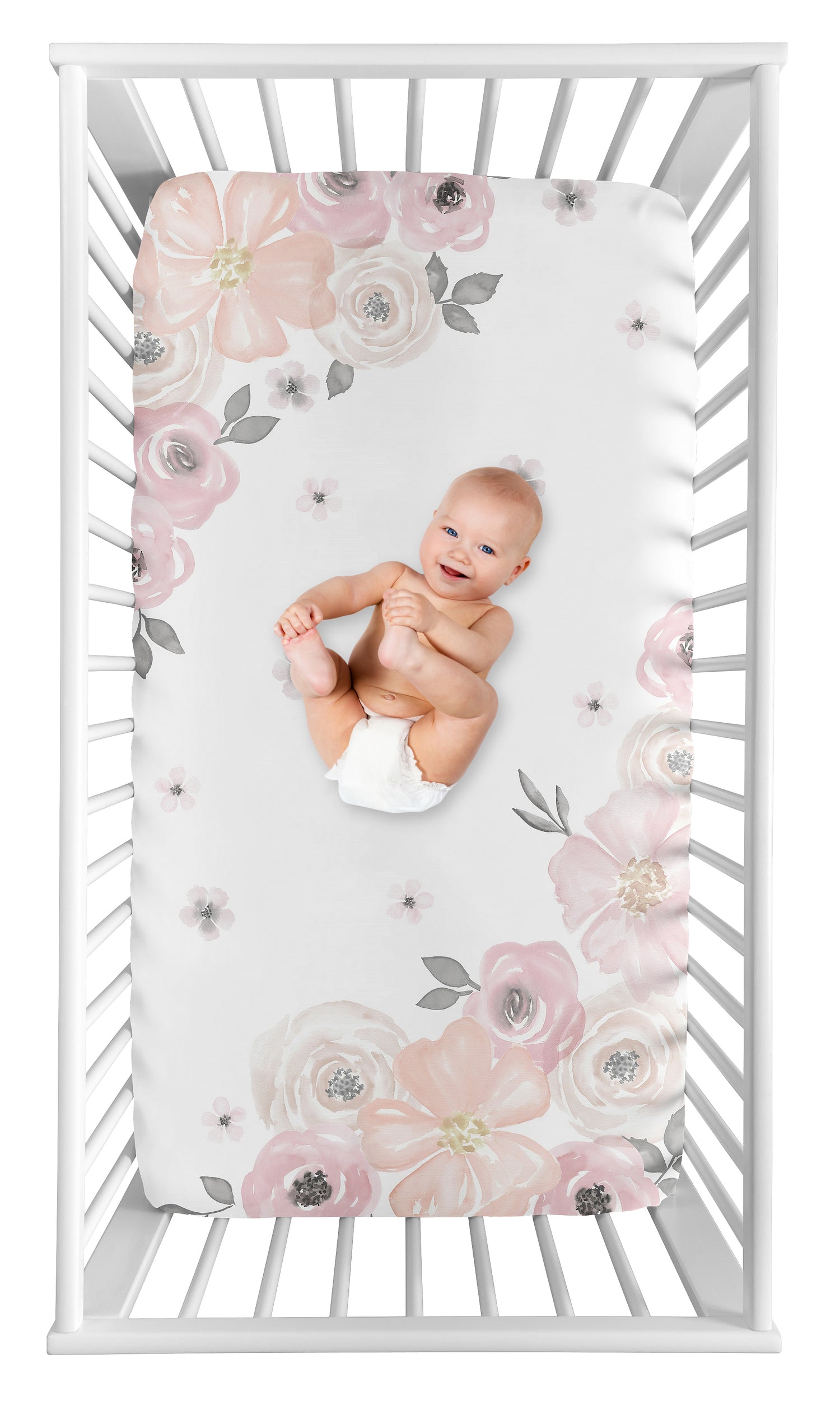 Watercolor Floral Pink And Grey Collection Crib Sheet - Photo Op Print