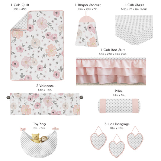 Watercolor Floral Pink and Grey 11 Piece Bumperless Crib Bedding Collection