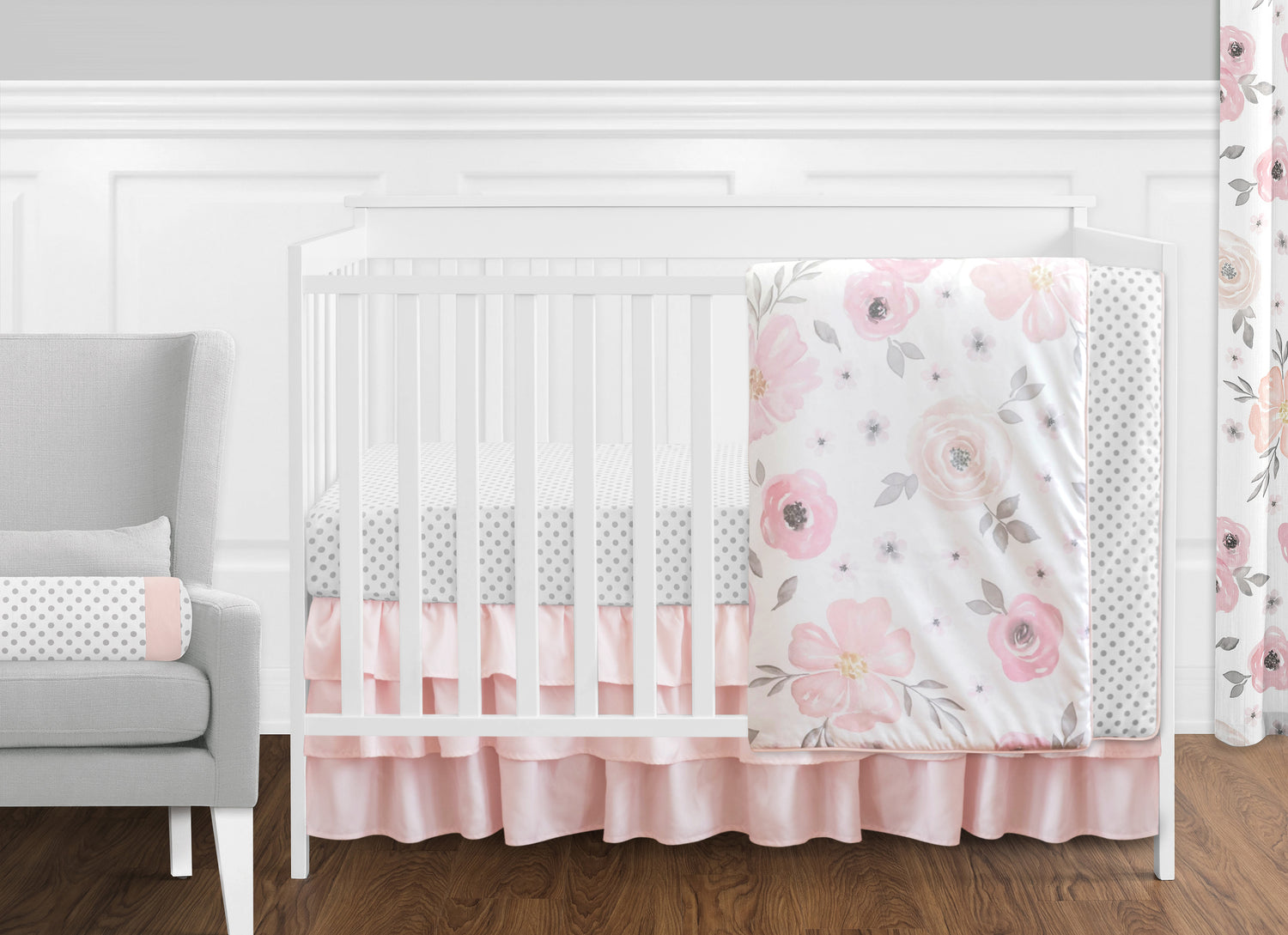 Watercolor Floral Pink and Grey 11 Piece Bumperless Crib Bedding Collection