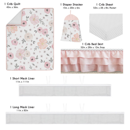 Watercolor Floral Pink and Grey Collection Sweet Jojo Designs 6 Piece Crib Bedding + BreathableBaby Breathable Mesh Liner