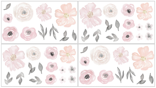 Watercolor Floral Pink and Grey Collection Peel and Stick Wall Decal Stickers - Set of 4 Sheets