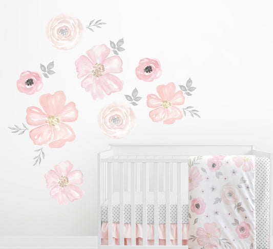 Watercolor Floral Pink and Grey Collection Large Wall Mural Decals Stickers - Set of 2 Sheets