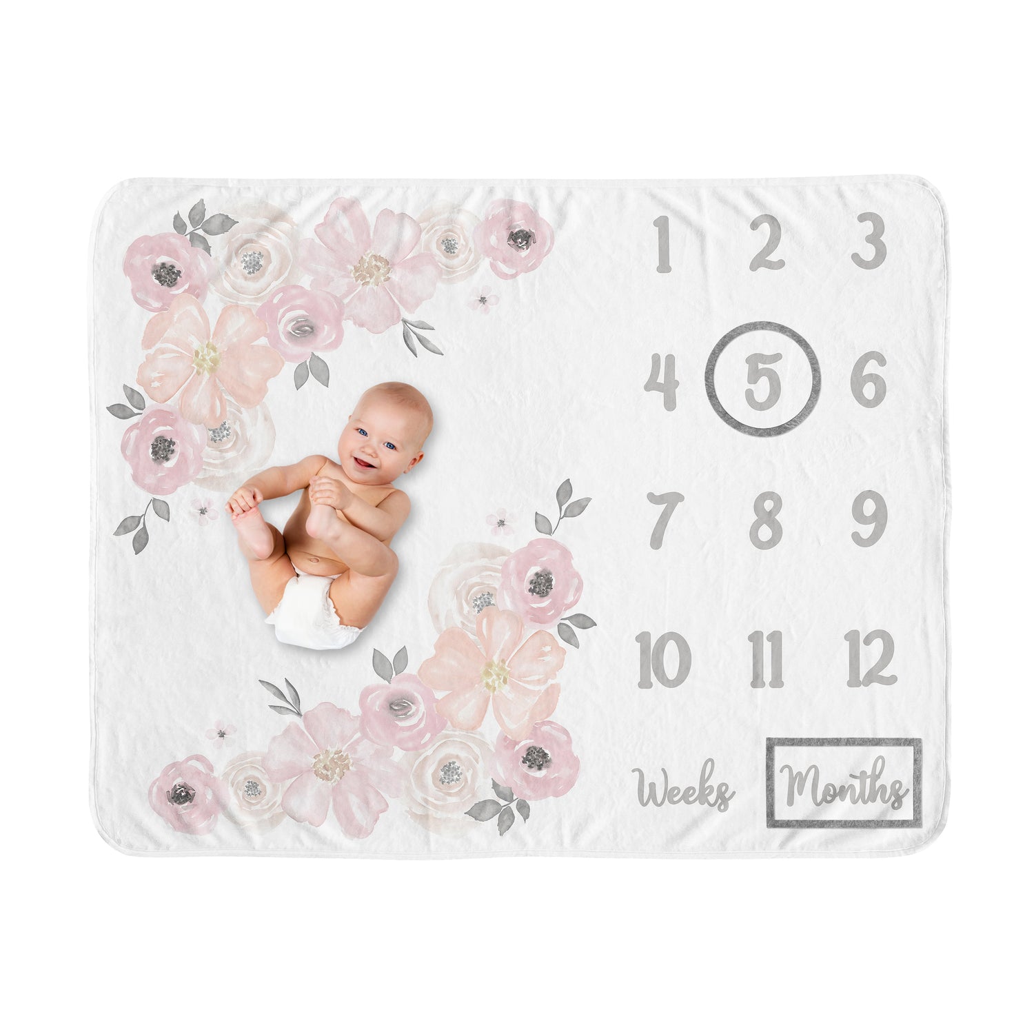 Watercolor Floral Pink And Grey Collection Monthly Milestone Baby Blanket