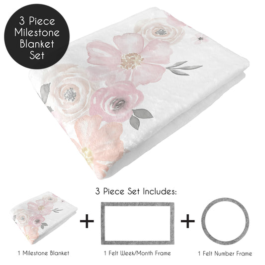 Watercolor Floral Pink And Grey Collection Monthly Milestone Baby Blanket