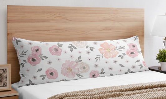 Watercolor Floral Pink and Grey Collection Full Length Body Pillow Cover