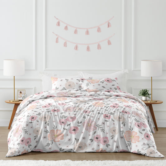 Watercolor Floral Pink and Grey Collection Throw Pillow Cover Sham