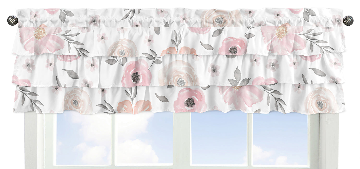Watercolor Floral Pink and Grey Collection Tiered Window Valance